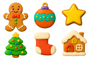Png set of cute christmas gingerbread cookies with festive ornaments isolated on transparent background. concept of holiday baking, seasonal treats, festive decor elements