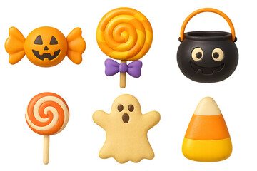Png 3d halloween sweet treats set with ghost, candy, and jack-o-lantern elements isolated on transparent background. concept of festive decor, spooky snacks, trick-or-treat fun.