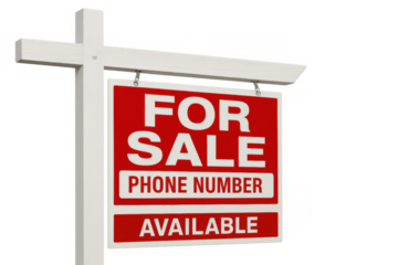 Red real estate for sale sign displaying a phone number and available text on a transparent background