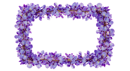 An elegant rectangular frame made from beautiful purple wisteria blossoms, creating a natural floral border isolated on a white background