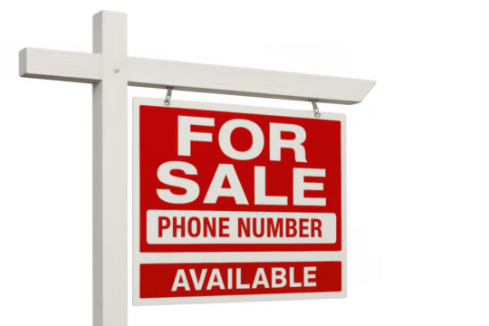 Red real estate for sale sign displaying a phone number and available text on a transparent background