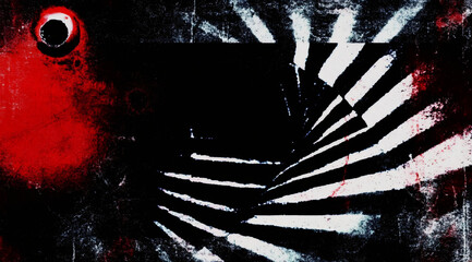 Abstract grunge background with red, black, and white texture. Distressed sunburst pattern in an edgy urban street art style. Modern wallpaper design with copy space