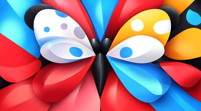 Colorful abstract butterfly illustration with a modern 3D effect. Symmetrical graphic design with vibrant red, blue, and yellow shapes. Contemporary style background