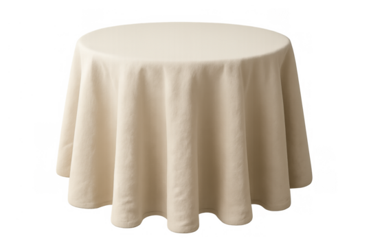 Round table draped with a plain beige tablecloth, ideal for product display or event preparation, transparent background