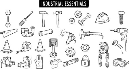 Black and White Doodle Set of Industrial Essentials, Construction Tools, and Safety Equipment on White Background