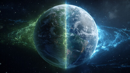 Planet Earth enveloped in glowing blue-green binary energy fields, symbolizing digital connectivity, data flow, technology, and the fusion of nature with cyberspace.