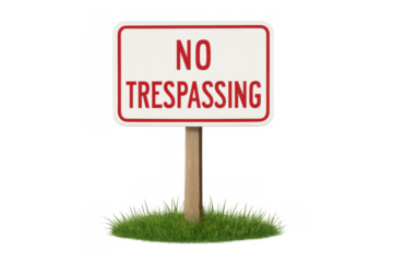 No trespassing sign on brown wooden post warning private property, restricting access, protecting land