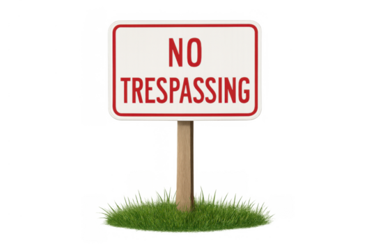 No trespassing sign on brown wooden post warning private property, restricting access, protecting land