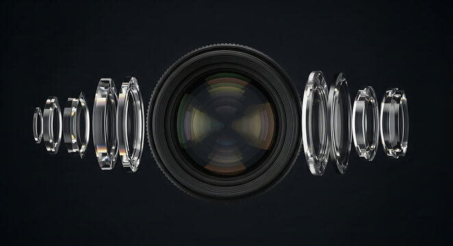 Exploded view of a complex camera lens showing its internal optical glass elements.