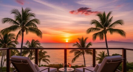 Tropical Sunset Paradise - Relaxing Balcony View with Palm Trees.
