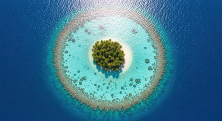 Aerial view of a tropical island paradise in the ocean.