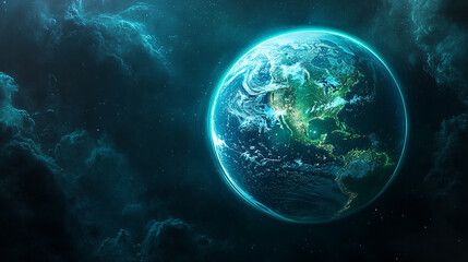 Planet Earth enveloped in glowing blue-green binary energy fields, symbolizing digital connectivity, data flow, technology, and the fusion of nature with cyberspace.