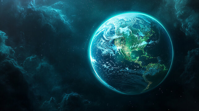 Planet Earth enveloped in glowing blue-green binary energy fields, symbolizing digital connectivity, data flow, technology, and the fusion of nature with cyberspace.