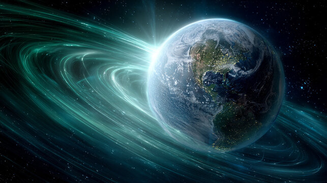 Planet Earth enveloped in glowing blue-green binary energy fields, symbolizing digital connectivity, data flow, technology, and the fusion of nature with cyberspace.