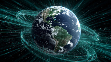 Planet Earth enveloped in glowing blue-green binary energy fields, symbolizing digital connectivity, data flow, technology, and the fusion of nature with cyberspace.