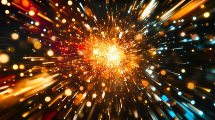 Vibrant energy particles exploding outward in a dynamic display of light and motion representing power force creativity and cosmic phenomena in an abstract futuristic scientific visualization