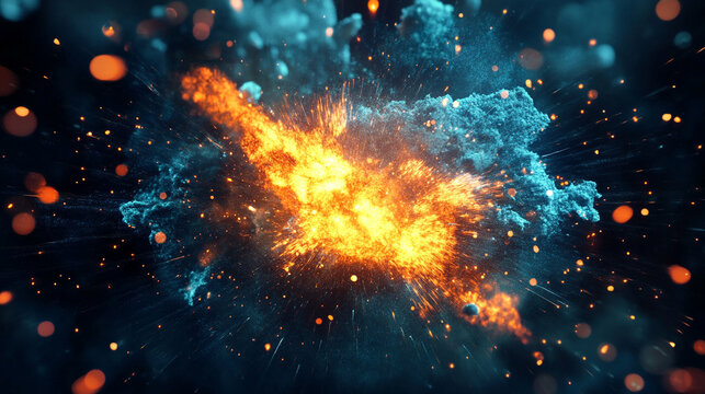 Vibrant energy particles exploding outward in a dynamic display of light and motion representing power force creativity and cosmic phenomena in an abstract futuristic scientific visualization