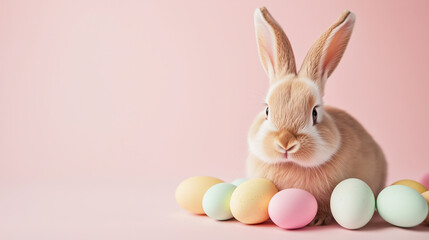 Adorable Easter bunny and pastel colored eggs on the pink background with space for text or design