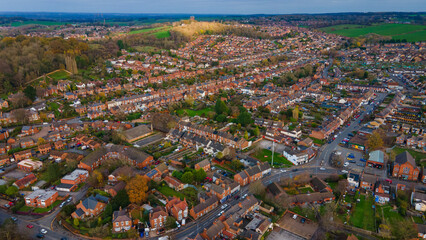 High aerial panoramic view of residential town and nature