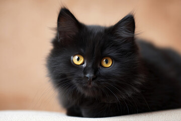 Black fluffy kitten with bright golden eyes resting on a soft surface