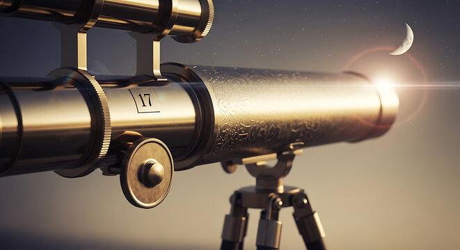 Telescope pointing at the moon in the night sky with a lens flare - Powered by Adobe