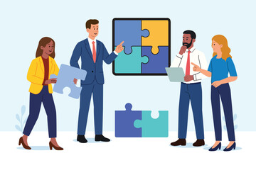 Conceptual Business People Solving a Puzzle  Vector Illustration