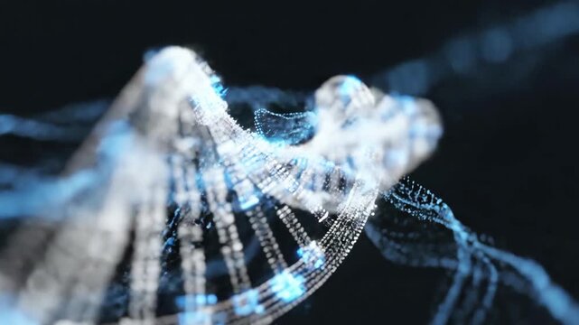 Rendered illustration of a double helix DNA strand against a dark background, glowing