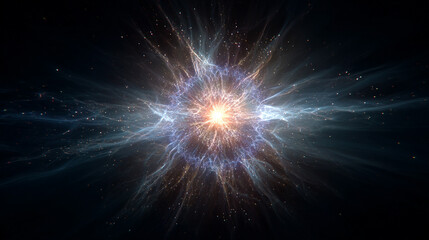 Vibrant energy particles exploding outward in a dynamic display of light and motion representing power force creativity and cosmic phenomena in an abstract futuristic scientific visualization