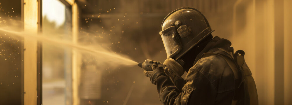 Courage Under Pressure: A firefighter, clad in protective gear, battles a blaze with focused intensity. With the spray of water against the heat, they confront danger head-on.