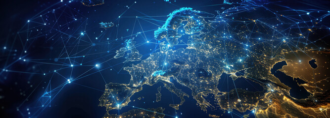 Digital Network Over Europe: The image reveals a stunning digital representation of Europe, interwoven with a network of luminous connections.