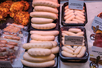 Various pork sausages at a specialty butcher store in Strasbourg, France