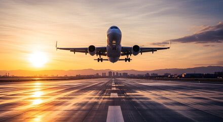Naklejka premium Powerful jet airplane taking flight during a breathtaking golden sunset over a distant city skyline and mountains.