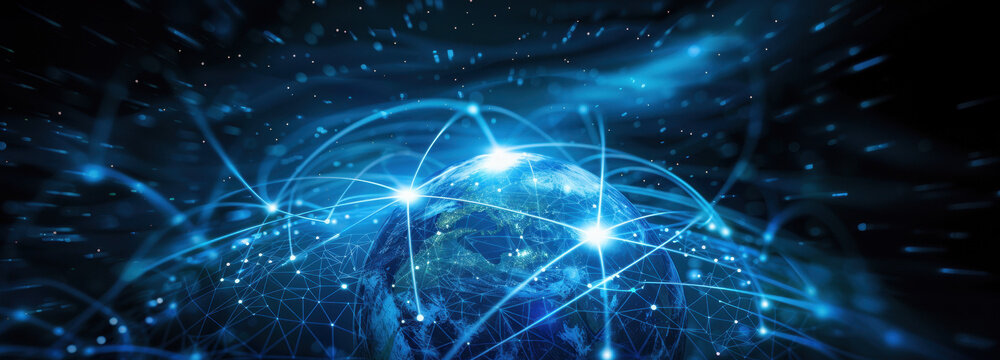 Digital Cosmos: An artistic depiction of the Earth, interconnected with a network of luminous digital pathways.