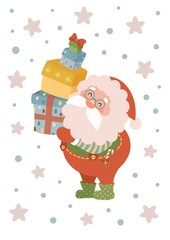 Cute Christmas Santa Illustration with Gifts – Kawaii Holiday Character Clipart