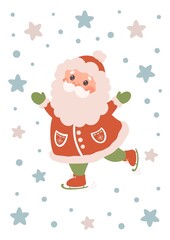 Santa skating. Cute Christmas Santa Illustration – Kawaii Holiday Character Clipart. Merry Christmas!