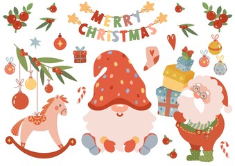 A cute Christmas clipart set featuring a gnome, Santa Claus, gifts, Scandinavian horse, mistletoe, ornaments and holiday elements. Perfect for greeting cards, invitations, posters, and festive design	