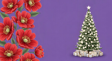 christmas background with christmas tree and decorations purple background 