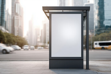 Vertical advertising billboard at a city bus stop with blank space for promotional content, set against a modern urban street backdrop with blurred traffic and skyscrapers