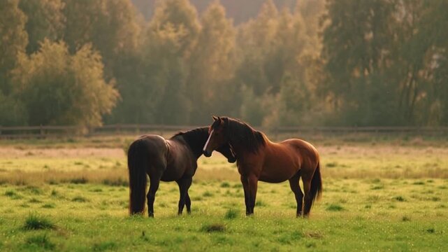 animate Two horses in a wide green pasture, a mare and a stallion, gentle breeding courtship, cinematic camera movement, golden hour lighting
