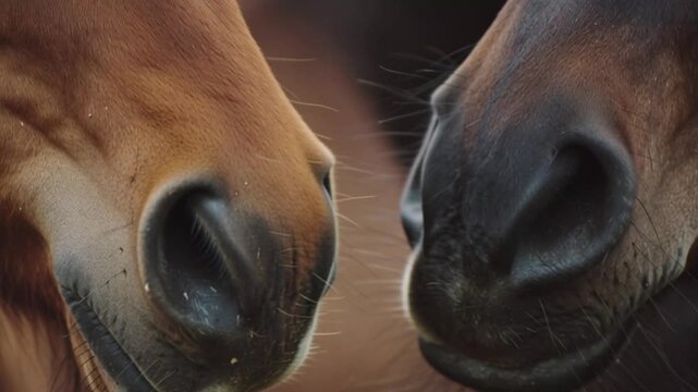 animate Close-up of a horse&rsquo;s muzzle nuzzling another horse, soft focus background, realistic fur detail, slow-motion gentle motion