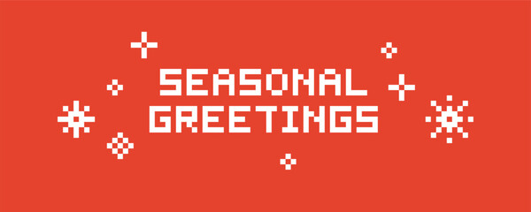 Pixel Seasonal Greetings Banner. Vector Illustration of 8 Bit Game Winter Ornate Website Concept. Text Typography with Snowflakes Background.