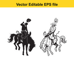 Naklejka premium Silhouette and line art of a cowboy tipping his hat while riding a bucking horse, vector illustration