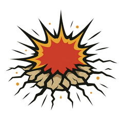 Ground impact explosion cracking surface and releasing bright fiery bursting energy