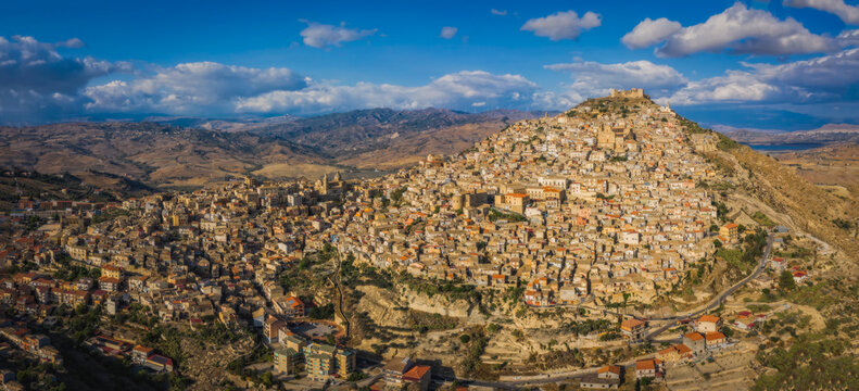 Aerial panoramic view of Agira city in Sicily. August 2024. Long exposure picture.