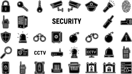 Security and Protection Glyph Icons Set: Surveillance, Law Enforcement, and Safety Symbols
