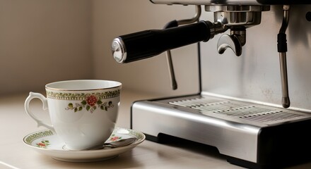 Close-up of a coffee machine with a decorative teacup and saucer placed nearby in a cozy kitchen setting