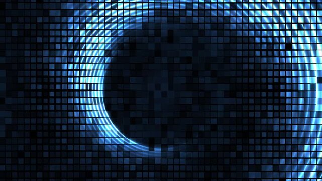 Blue neon curved spiral wavy lines abstract technology background with mosaic texture. Seamless looping futuristic glowing motion design. Video animation Ultra HD 4K 3840x2160