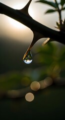 A close-up view of a plant stem with a water droplet hanging from a thorn during sunset, highlighting natural beauty and tranquility in nature