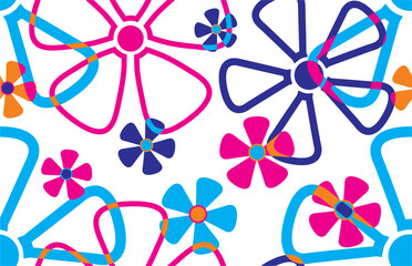 Colorful seamless vector flower pattern for textile applications. Dynamic overlapping shapes in vivid pink, blue, and purple form a lively, modern decorative fabric design.