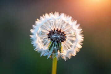 Close up of a dew kissed dandelion seed head against a blurred green meadow background. Macro photograph of a single dandelion seed head covered in glistening dew drops. The background is a softly